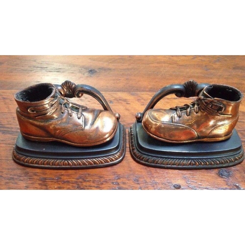Pair Vtg Mason Masterpieces Heirloom Copper Mounted Baby Shoes Booties Book Ends